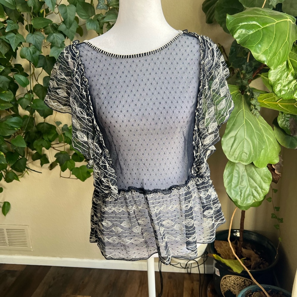 MEADOW RUE Blue Sheer Flutter Sleeve Top | small